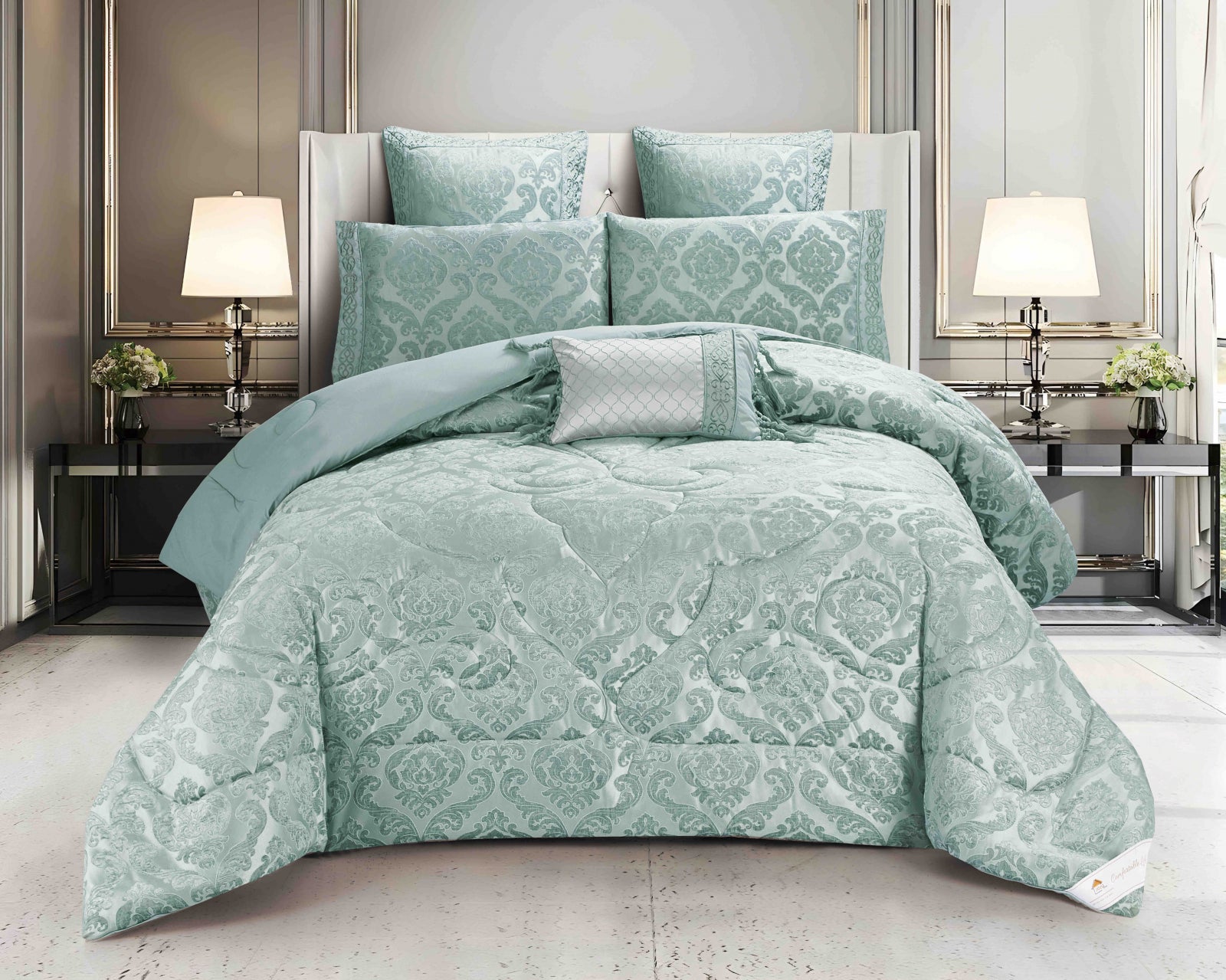 Lenjerie de Pat Dublu, Model Jacquard, 7 Piese, Cearceaf cu Elastic, Jojo Home C301