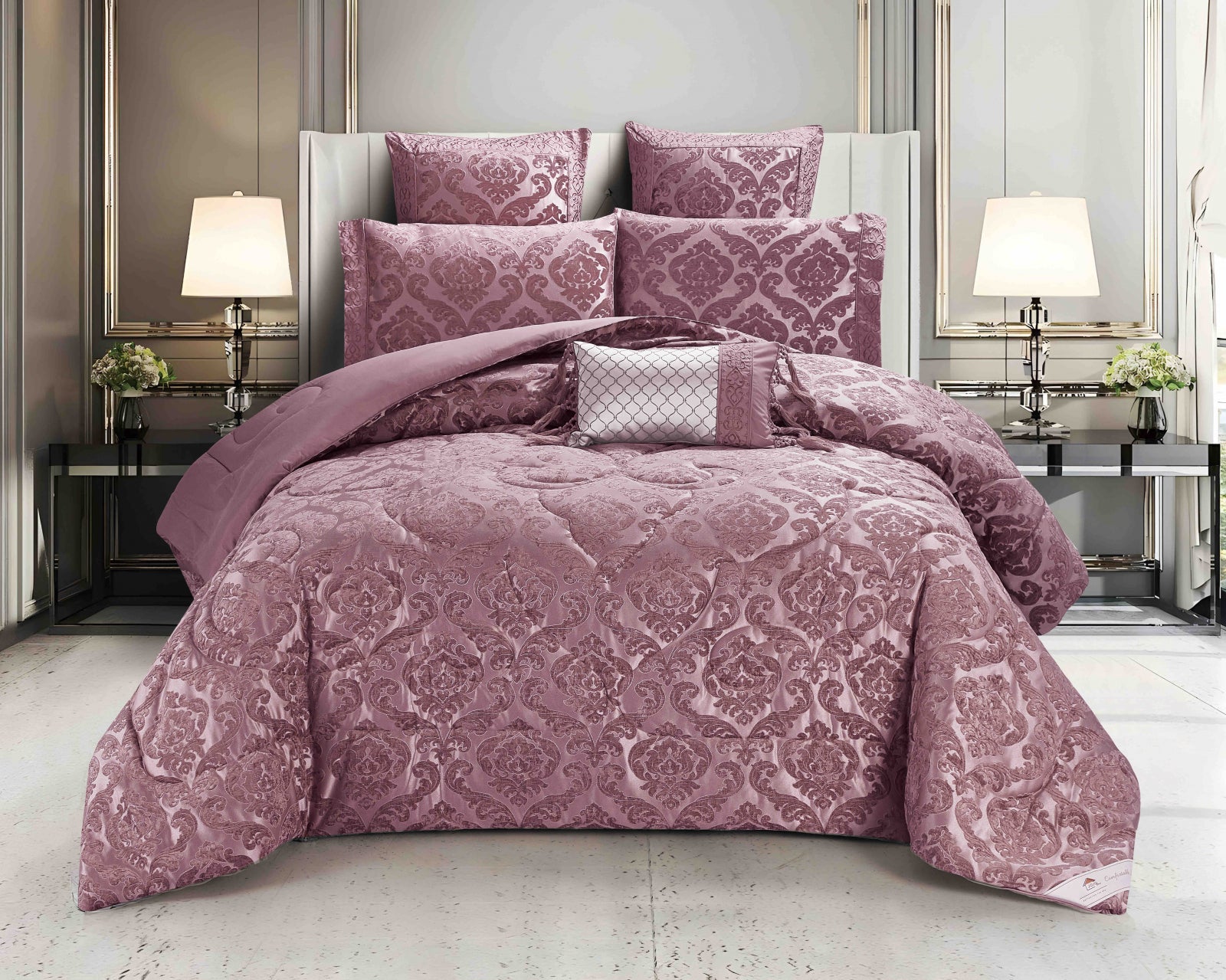 Lenjerie de Pat Dublu, Model Jacquard, 7 Piese, Cearceaf cu Elastic, Jojo Home C302