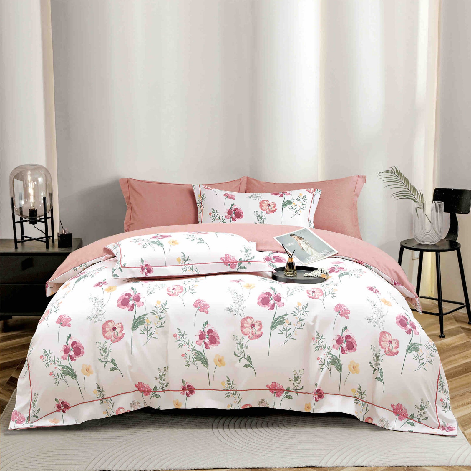 Lenjerie de Pat Dublu, Model Lux, Cutie Cadou, 6 Piese, Cearceaf cu Elastic, Bumbac Finet C534