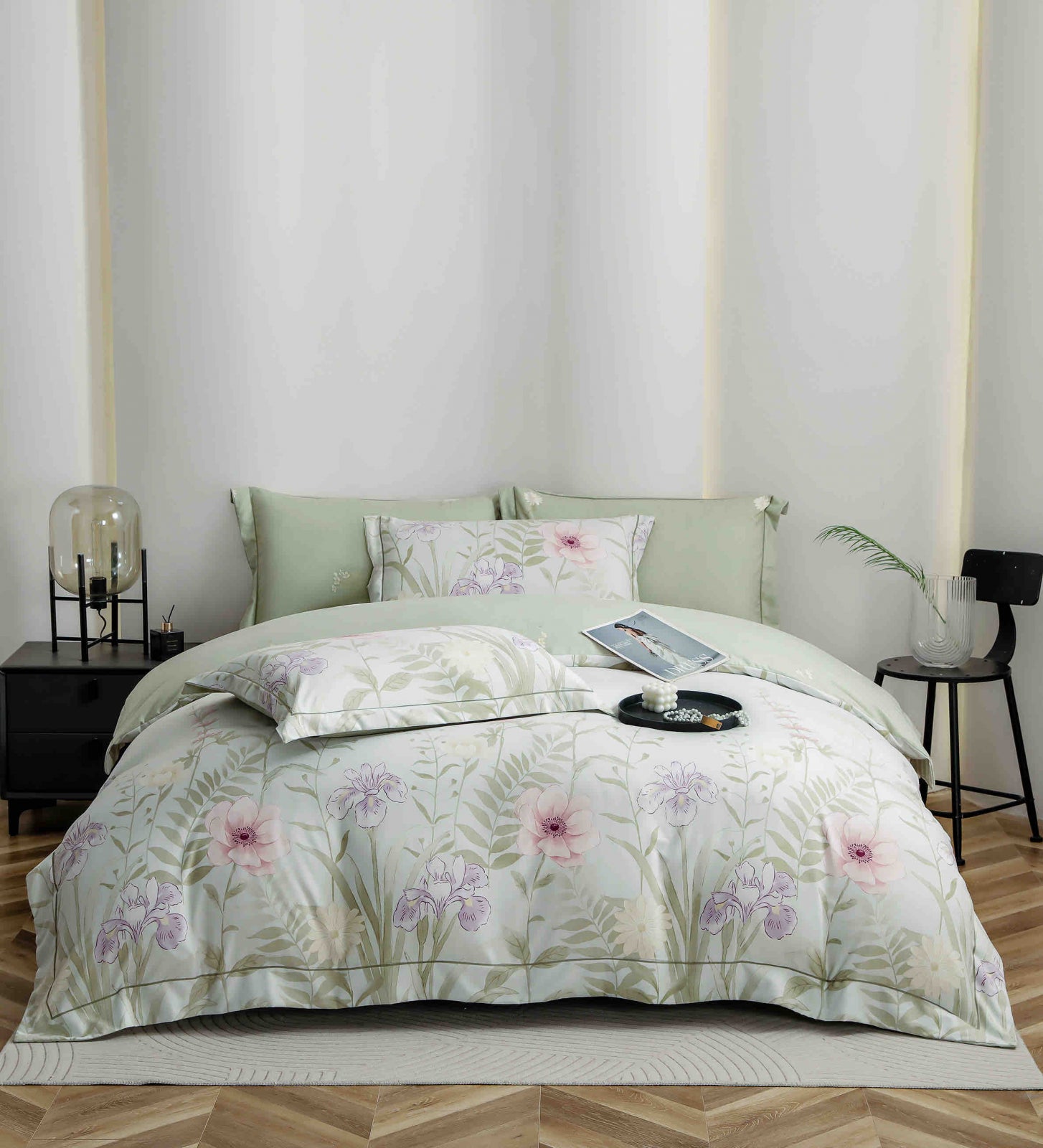 Lenjerie de Pat Dublu, Model Lux, Cutie Cadou, 6 Piese, Cearceaf cu Elastic, Bumbac Finet C554