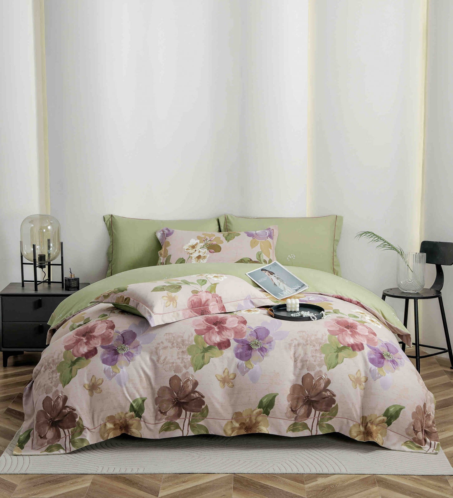 Lenjerie de Pat Dublu, Model Lux, Cutie Cadou, 6 Piese, Cearceaf cu Elastic, Bumbac Finet C559