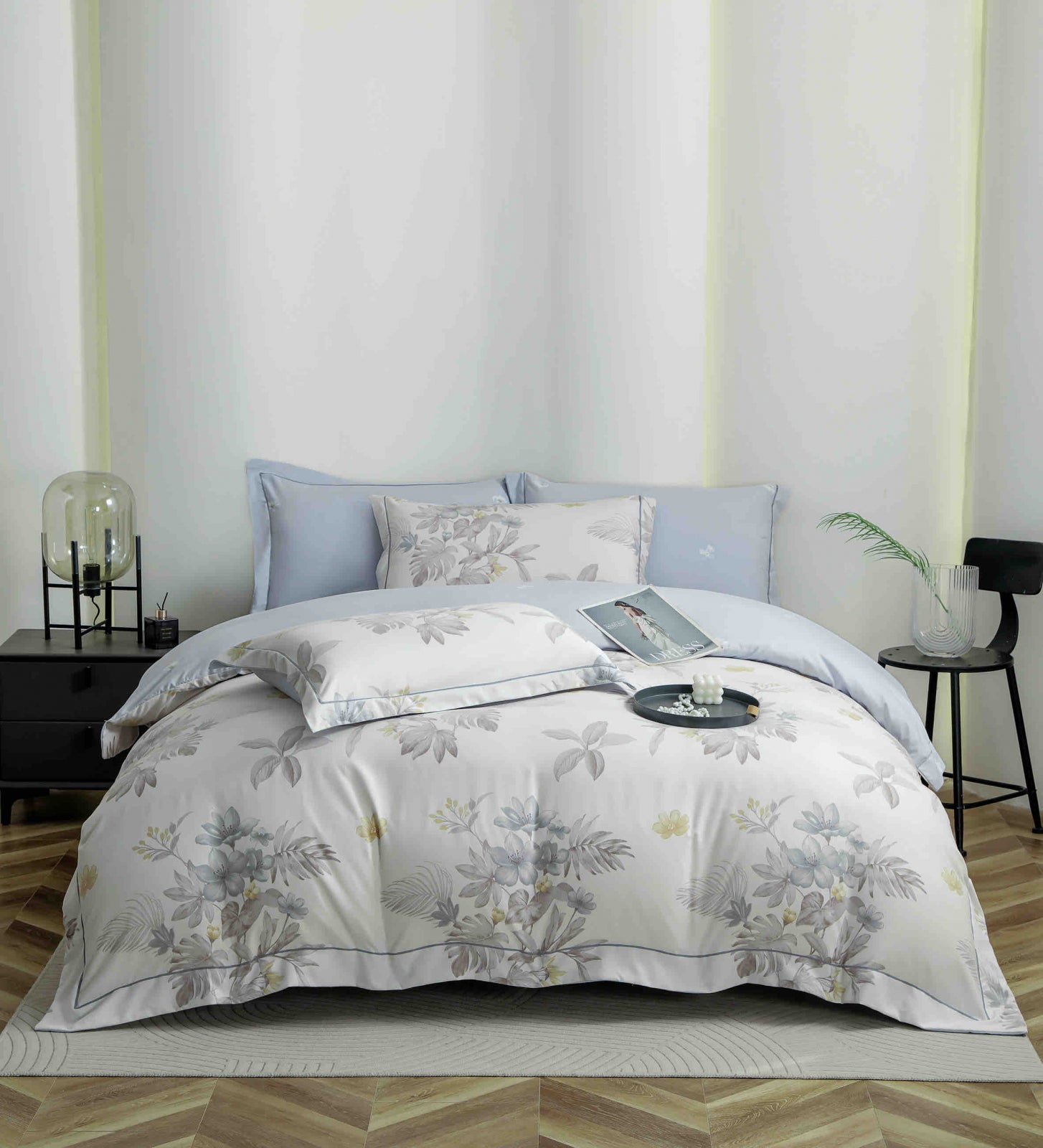 Lenjerie de Pat Dublu, Model Lux, Cutie Cadou, 6 Piese, Cearceaf cu Elastic, Bumbac Finet C562