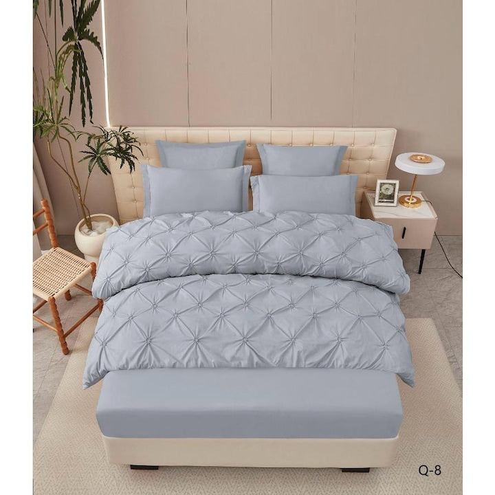 Lenjerie de Pat Premium , dou? persoane , 6 Piese ,Bumbac Finet , cearceaf de pat 180x200 cu ELASTIC, Pliuri Brodate , Gri deschis C1102