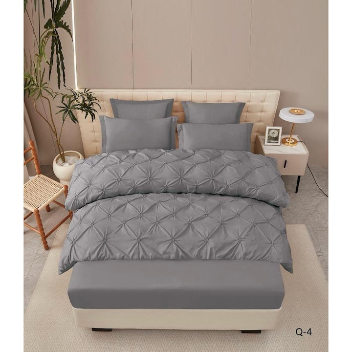 Lenjerie de Pat Premium , dou? persoane , 6 Piese ,Bumbac Finet , cearceaf de pat 180x200 cu ELASTIC, Pliuri Brodate , Gri Inchis C1099