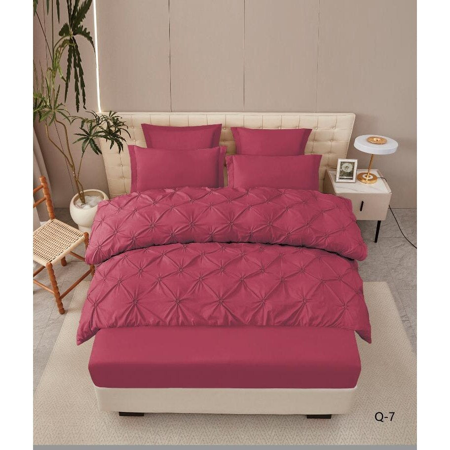 Lenjerie de Pat Premium , dou? persoane , 6 Piese ,Bumbac Finet , cearceaf de pat 180x200 cu ELASTIC, Pliuri Brodate , Rosu Inchis C1101