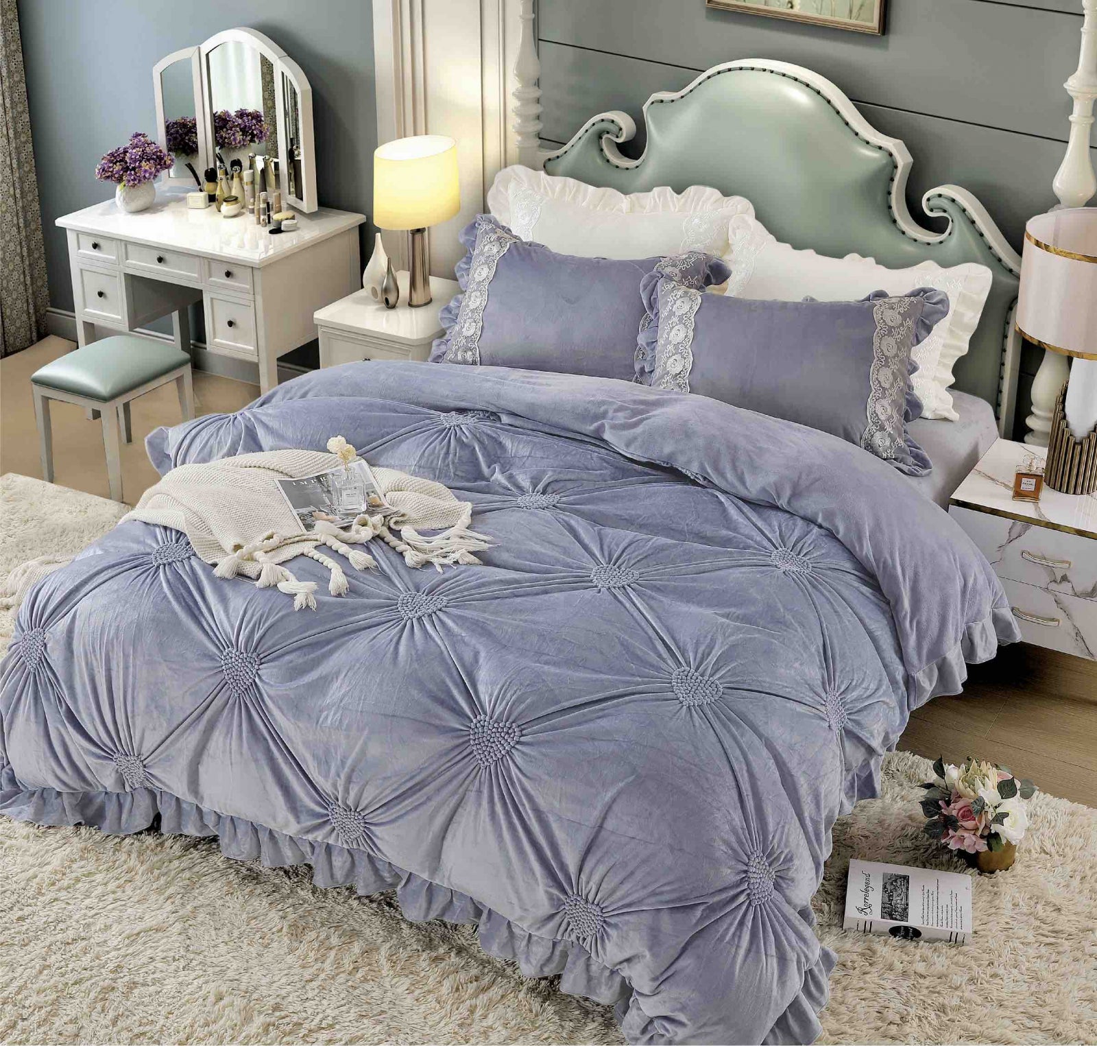 Lenjerie Din Catifea Cu Inimioare Brodate - 4 piese , JOJO HOME C270