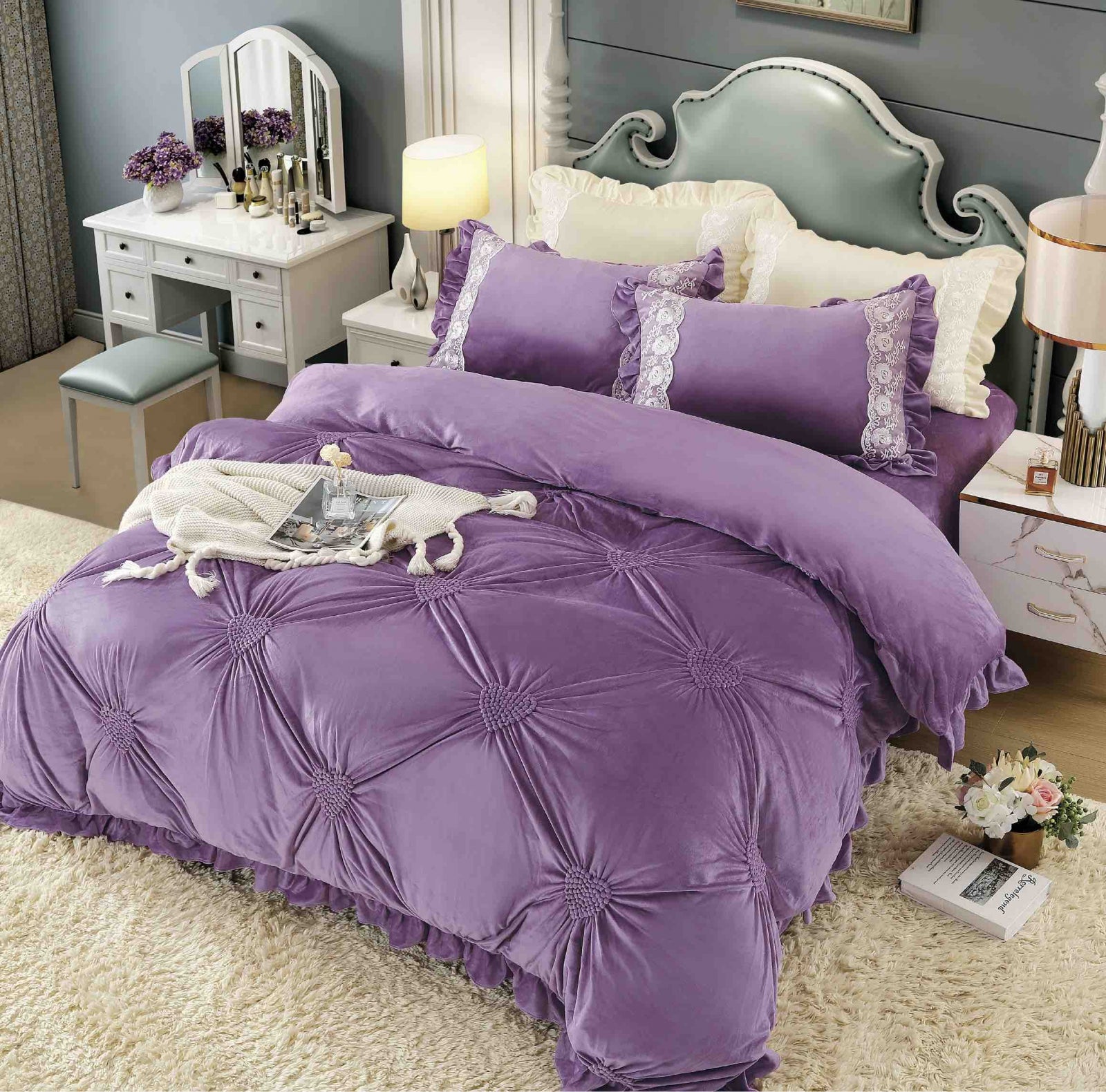 Lenjerie Din Catifea Cu Inimioare Brodate - 4 piese , JOJO HOME C274
