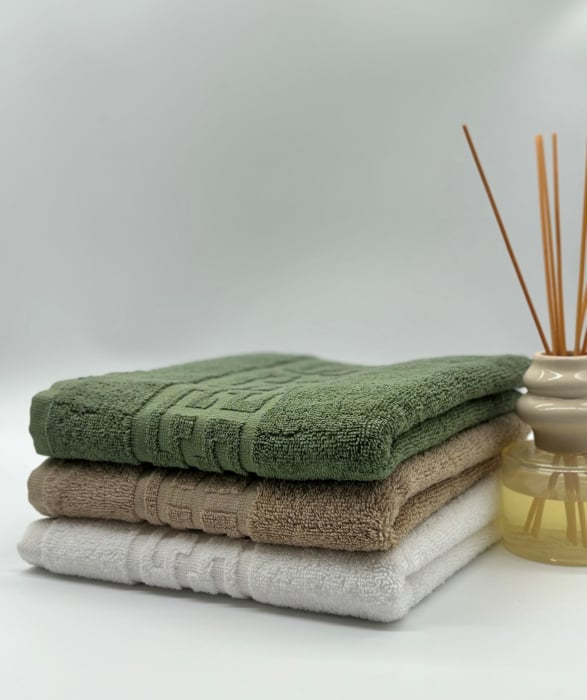 Set 3 Prosoape Bumbac 500 gr/mp, 50x90 cm, Dunga Greceasca, Alb/Bej/Verde Kaki C1187