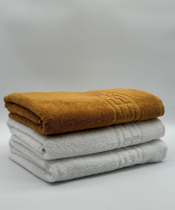 Set 3 Prosoape Bumbac 500 gr/mp, 70x130 cm, Dunga Greceasca, Alb/Galben Mustar C1201