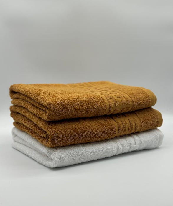 Set 3 Prosoape Bumbac 500 gr/mp, 70x130 cm, Dunga Greceasca, Alb/Galben Mustar C1208