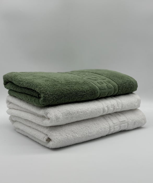 Set 3 Prosoape Bumbac 500 gr/mp, 70x130 cm, Dunga Greceasca, Alb/Verde Kaki C1205