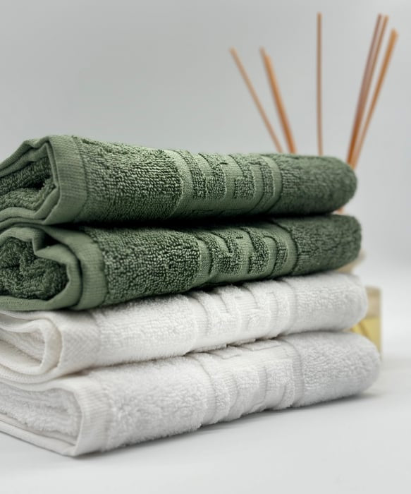 Set 4 Prosoape Bumbac 500 gr/mp, 50x90 cm, Dunga Greceasca, Alb/Verde Kaki C1159