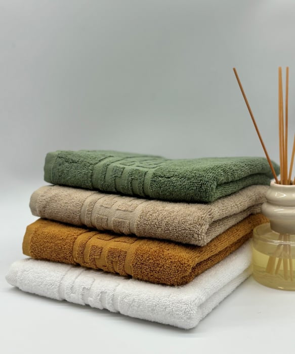 Set 4 Prosoape Bumbac 500 gr/mp, 50x90 cm, Dunga Greceasca, Bej/Verde Kaki/Alb/Galben Mustar C1186