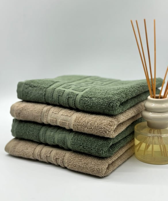 Set 4 Prosoape Bumbac 500 gr/mp, 50x90 cm, Dunga Greceasca, Bej/Verde Kaki C1120