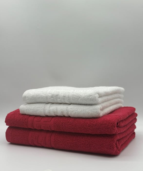 Set 4 Prosoape Bumbac 500 gr/mp, Dunga Greceasca, Alb/Rosu C1239