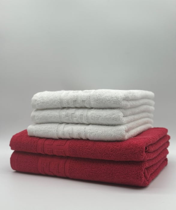 Set 5 Prosoape Bumbac 500 gr/mp, Dunga Greceasca, Alb/Rosu C1238