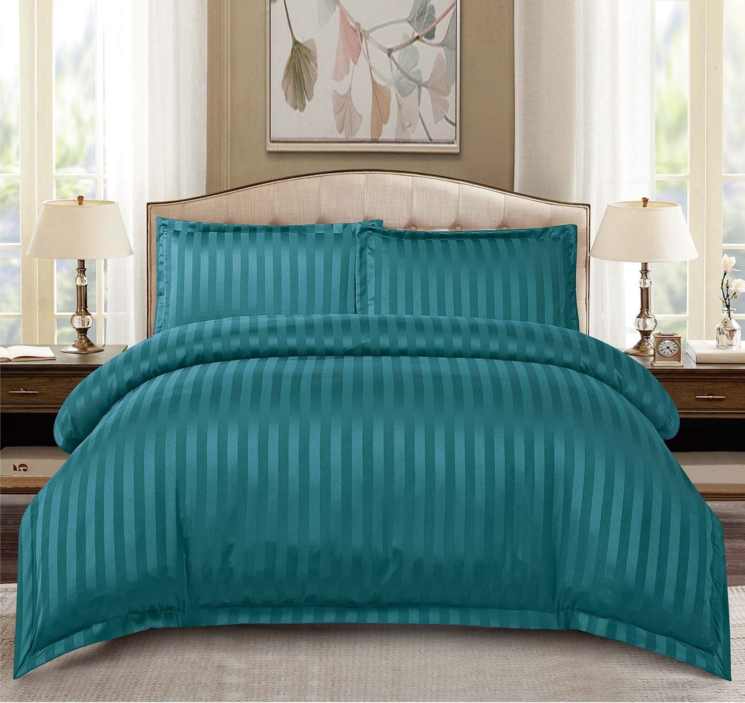 Set Lenjerie de pat dublu cu Elastic, 2 Persoane, Tip Damasc, Uni, 4 Piese, Finet/Bumbac, Cearceaf pat 180 x 200 , C1282